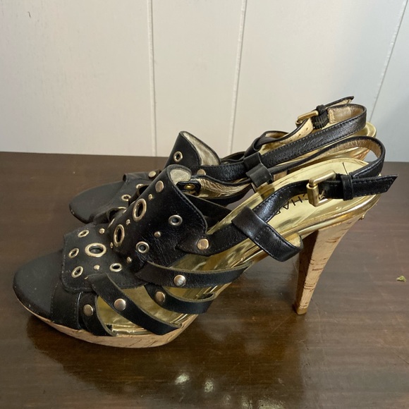 Michael Korrs leather black gold stilleto Heel 8 rubber lower opentoe sling back - Picture 5 of 7